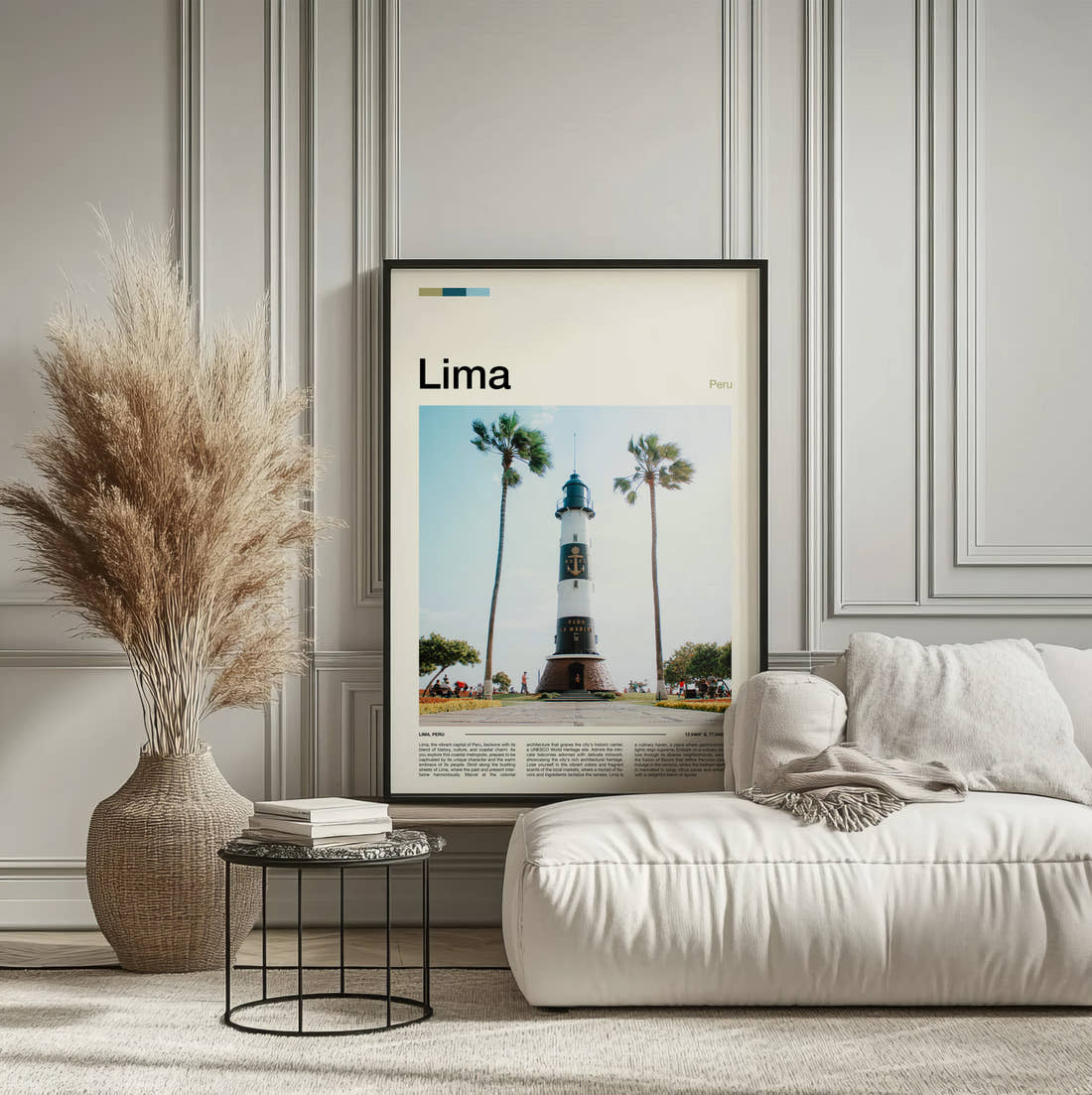 Lima Lighthouse And Palm Trees Travel Print framed on the wall of a calm, neutral bedroom