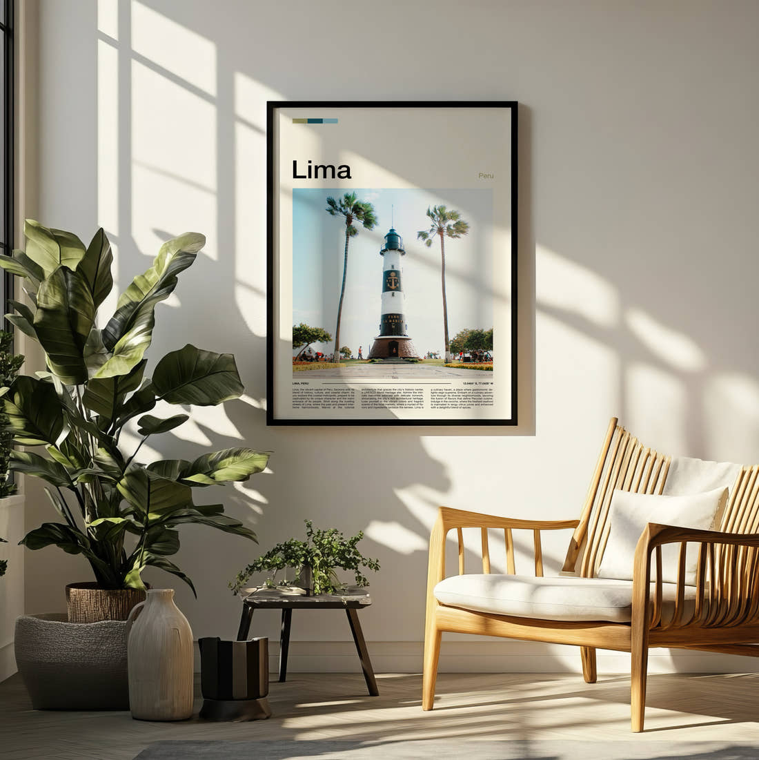 Lima Lighthouse And Palm Trees Travel Print framed on a pale wall beside houseplants
