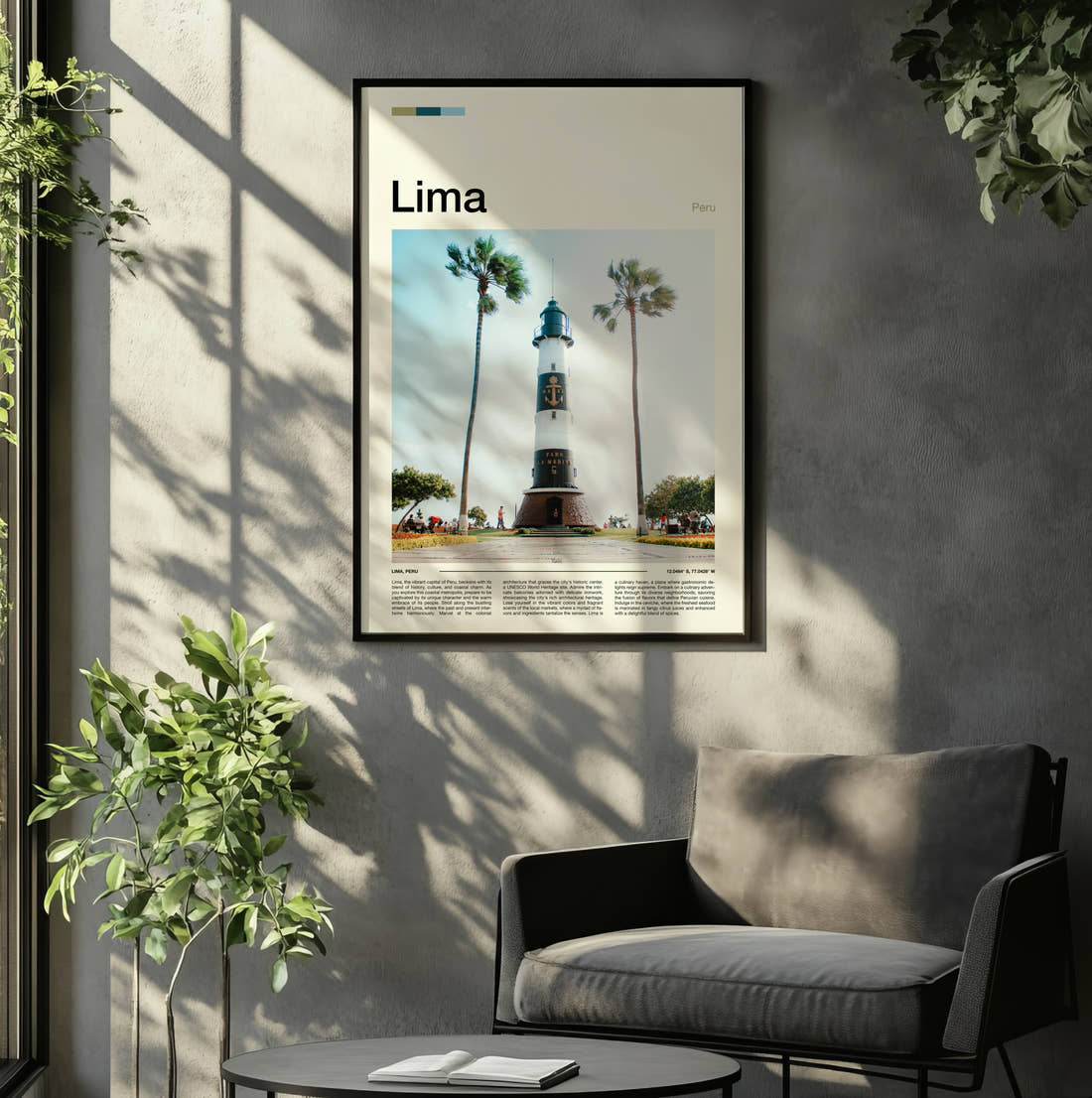 Lima Lighthouse And Palm Trees Travel Print framed on the wall of a relaxed living room