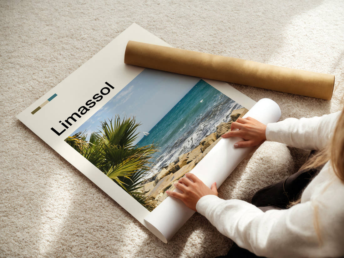 Limassol Rocky Coastal Shoreline Travel Print being unrolled from its postal tube
