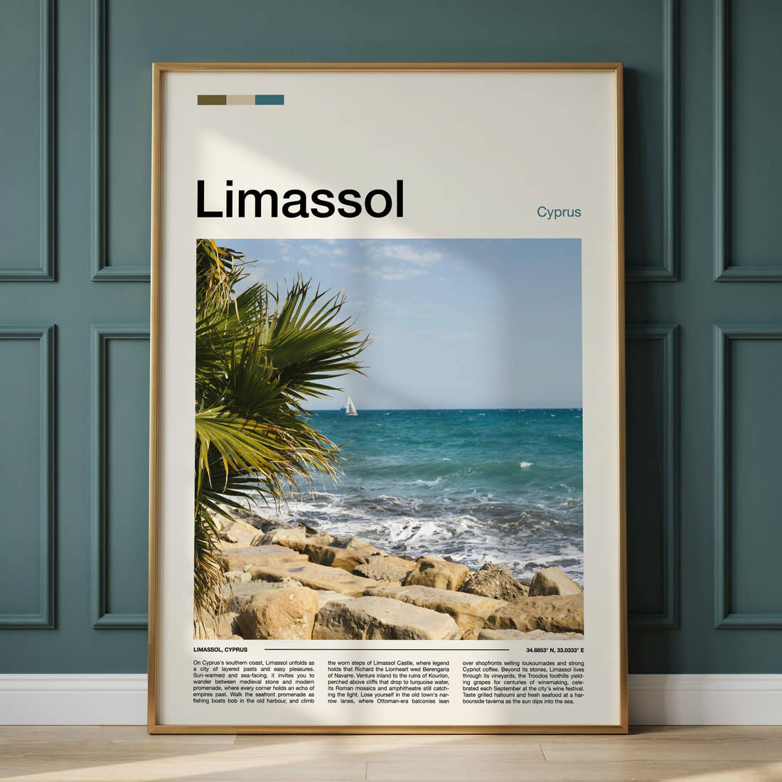 Limassol Rocky Coastal Shoreline Travel Print framed on the wall of a calm, neutral bedroom