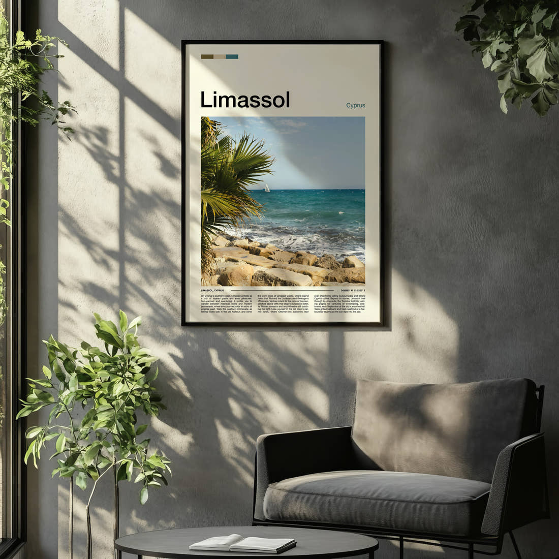 Limassol Rocky Coastal Shoreline Travel Print framed on the wall of a relaxed living room