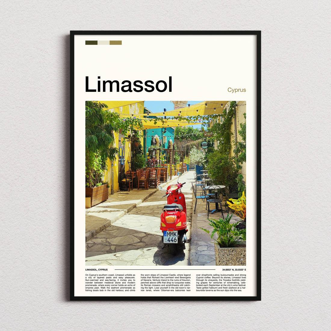 Limassol Old Town Alleyway Travel Print framed and photographed straight on