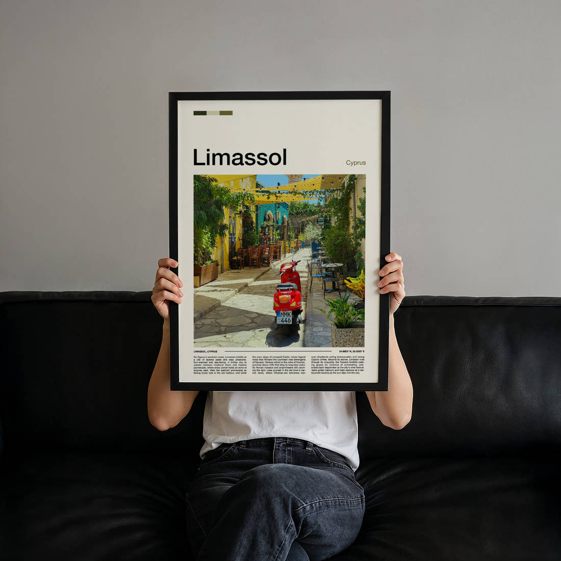 Limassol Old Town Alleyway Travel Print held up by hand to show the size of the print