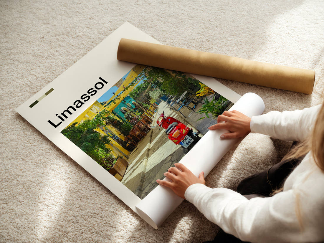 Limassol Old Town Alleyway Travel Print being unrolled from its postal tube