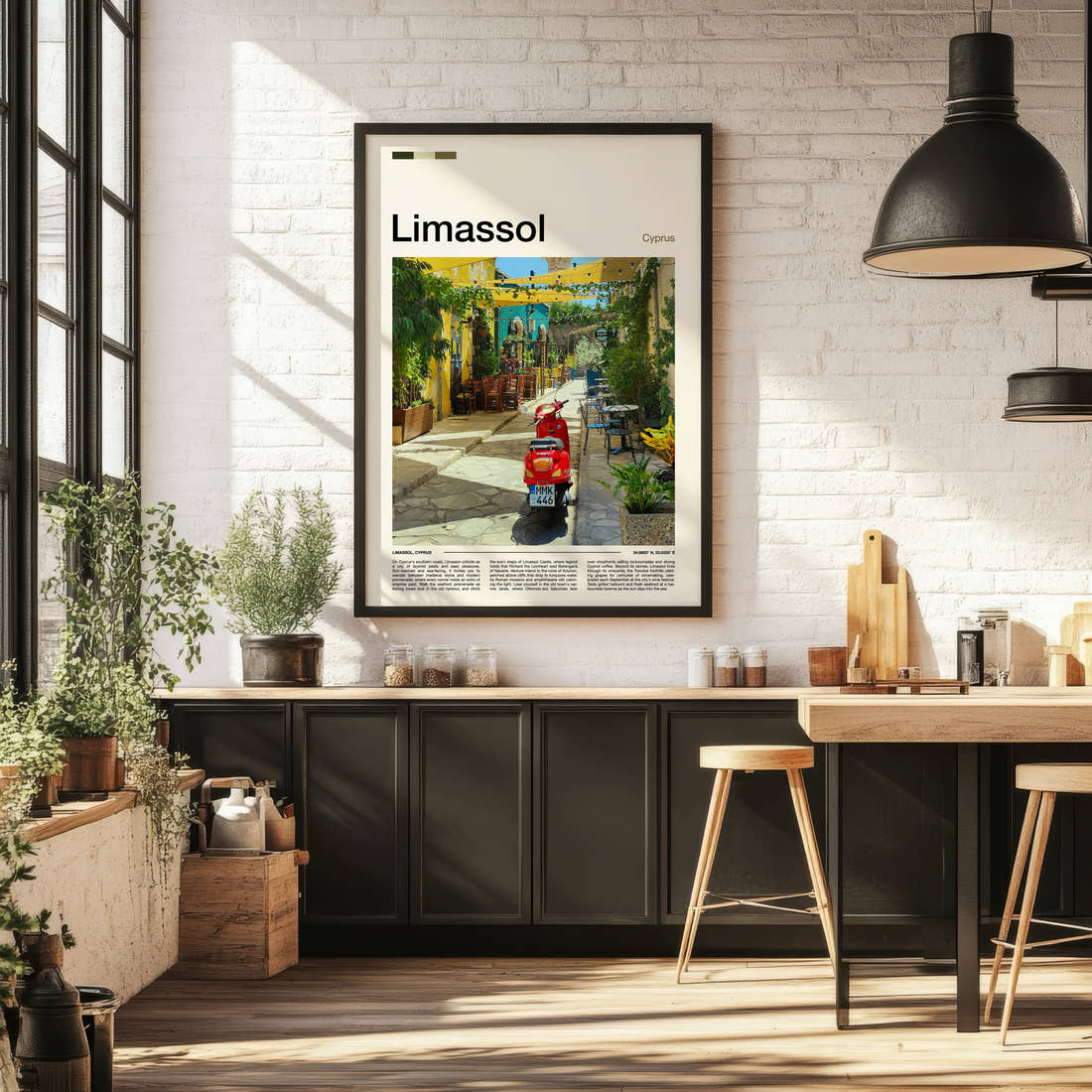 Limassol Old Town Alleyway Travel Print framed on the wall of a bright kitchen and dining space