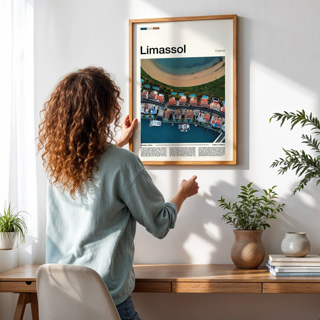 Limassol Coastal Marina From Above Travel Print framed on a pale wall beside houseplants