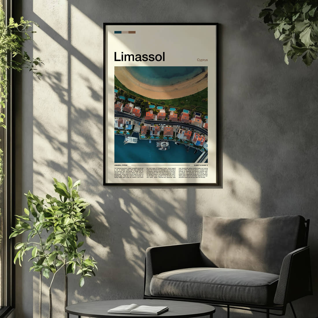 Limassol Coastal Marina From Above Travel Print framed on the wall of a relaxed living room