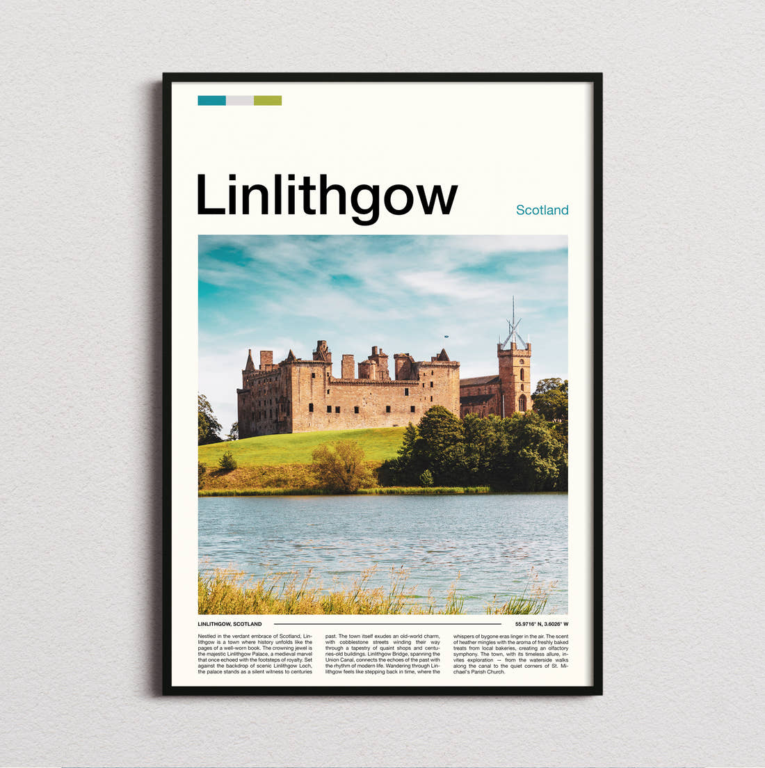 Linlithgow Palace Across The Loch Travel Print framed and photographed straight on