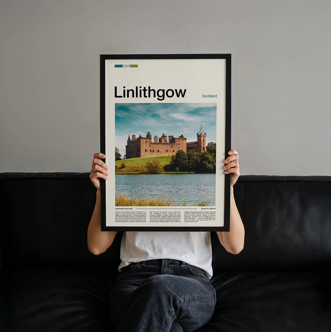 Linlithgow Palace Across The Loch Travel Print held up by hand to show the size of the print