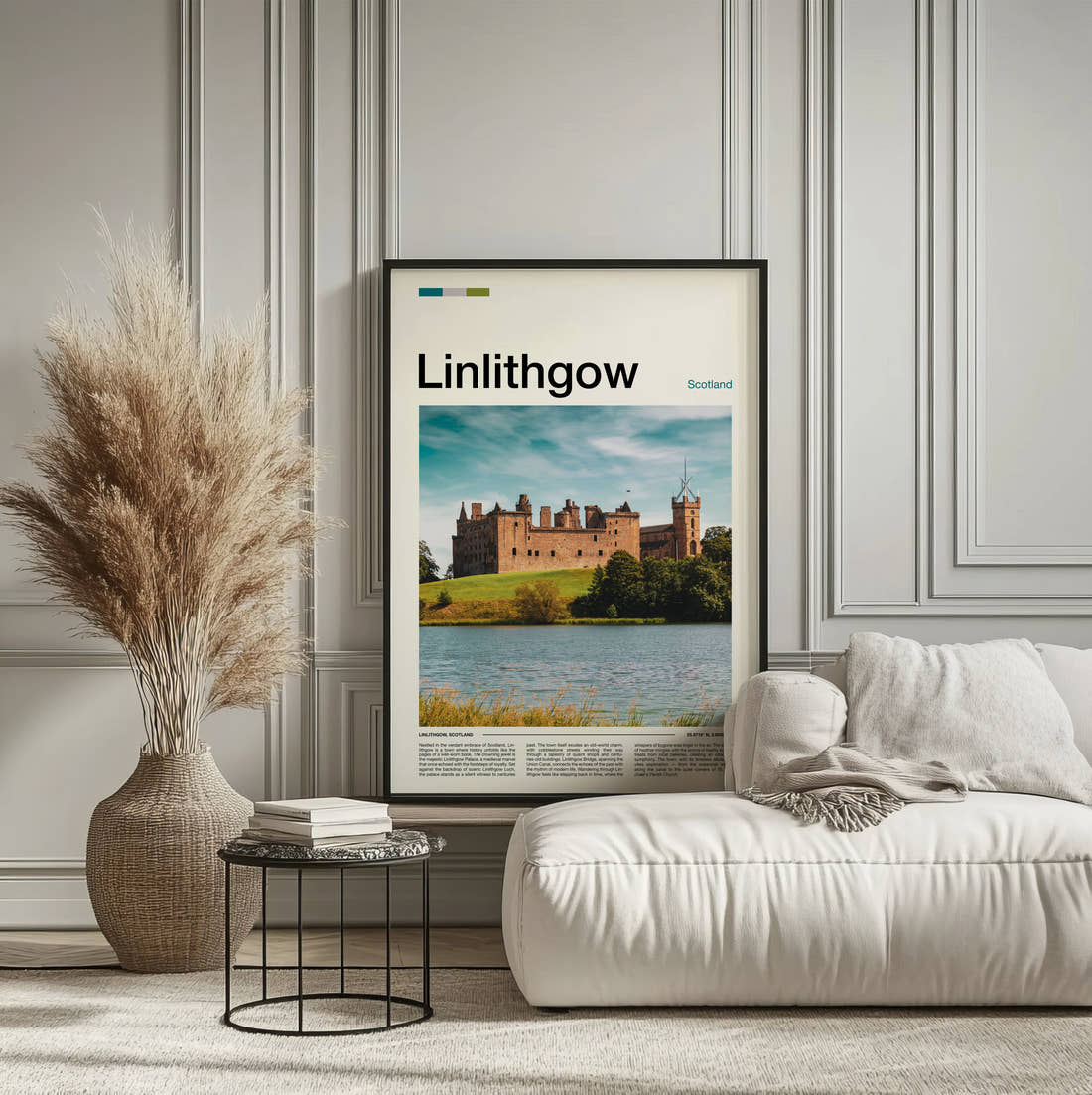 Linlithgow Palace Across The Loch Travel Print framed on the wall of a calm, neutral bedroom