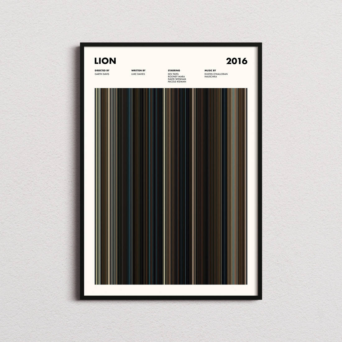 Lion Movie Barcode Poster framed on a plain studio wall