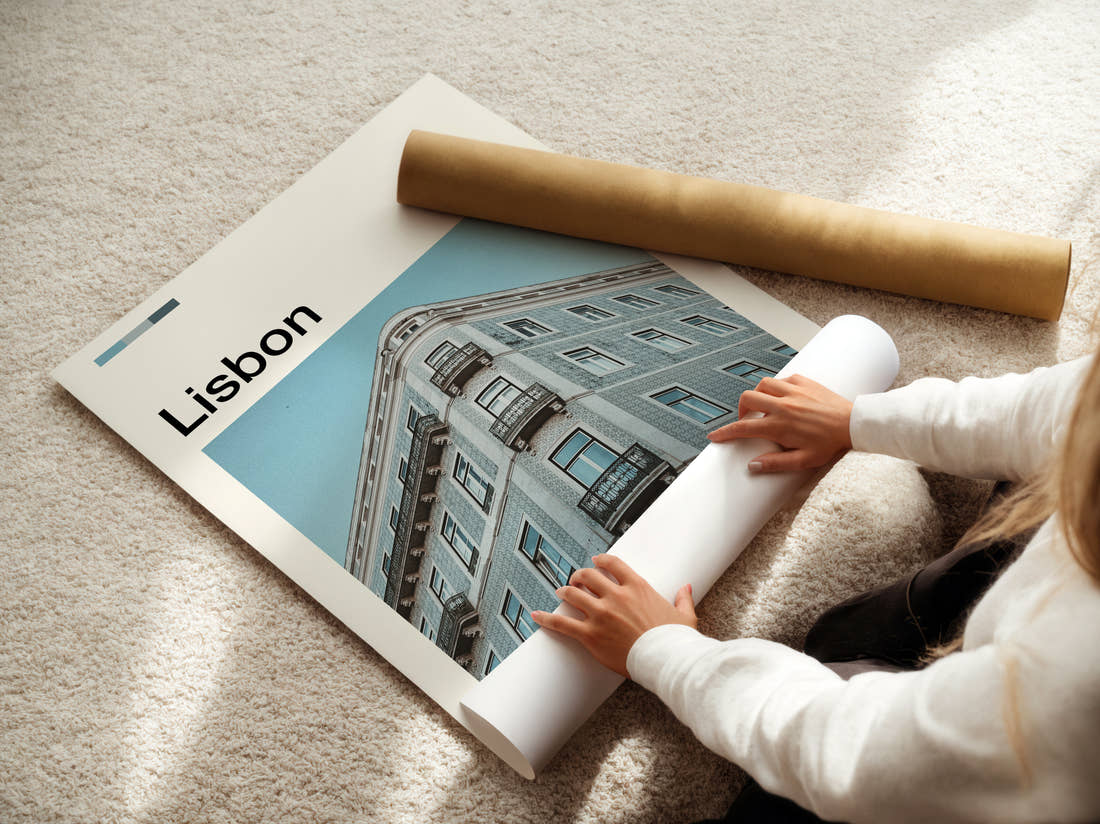 Lisbon Tiled Building Facade Travel Print being unrolled from its postal tube