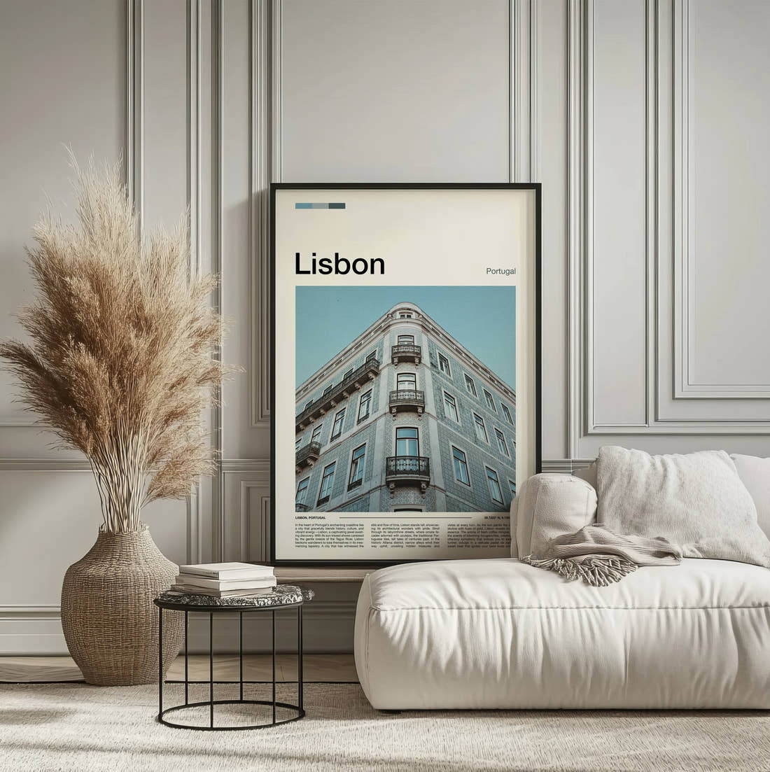 Lisbon Tiled Building Facade Travel Print framed on the wall of a calm, neutral bedroom