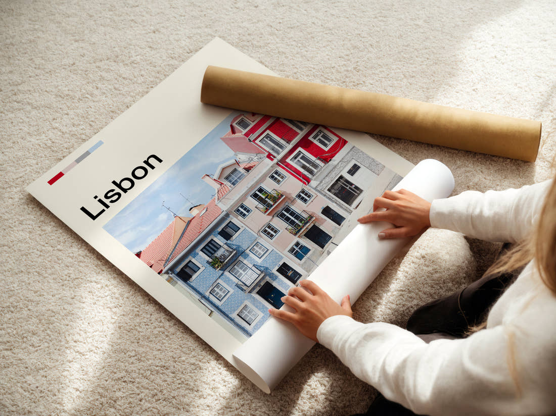 Lisbon Colourful Houses Travel Print being unrolled from its postal tube
