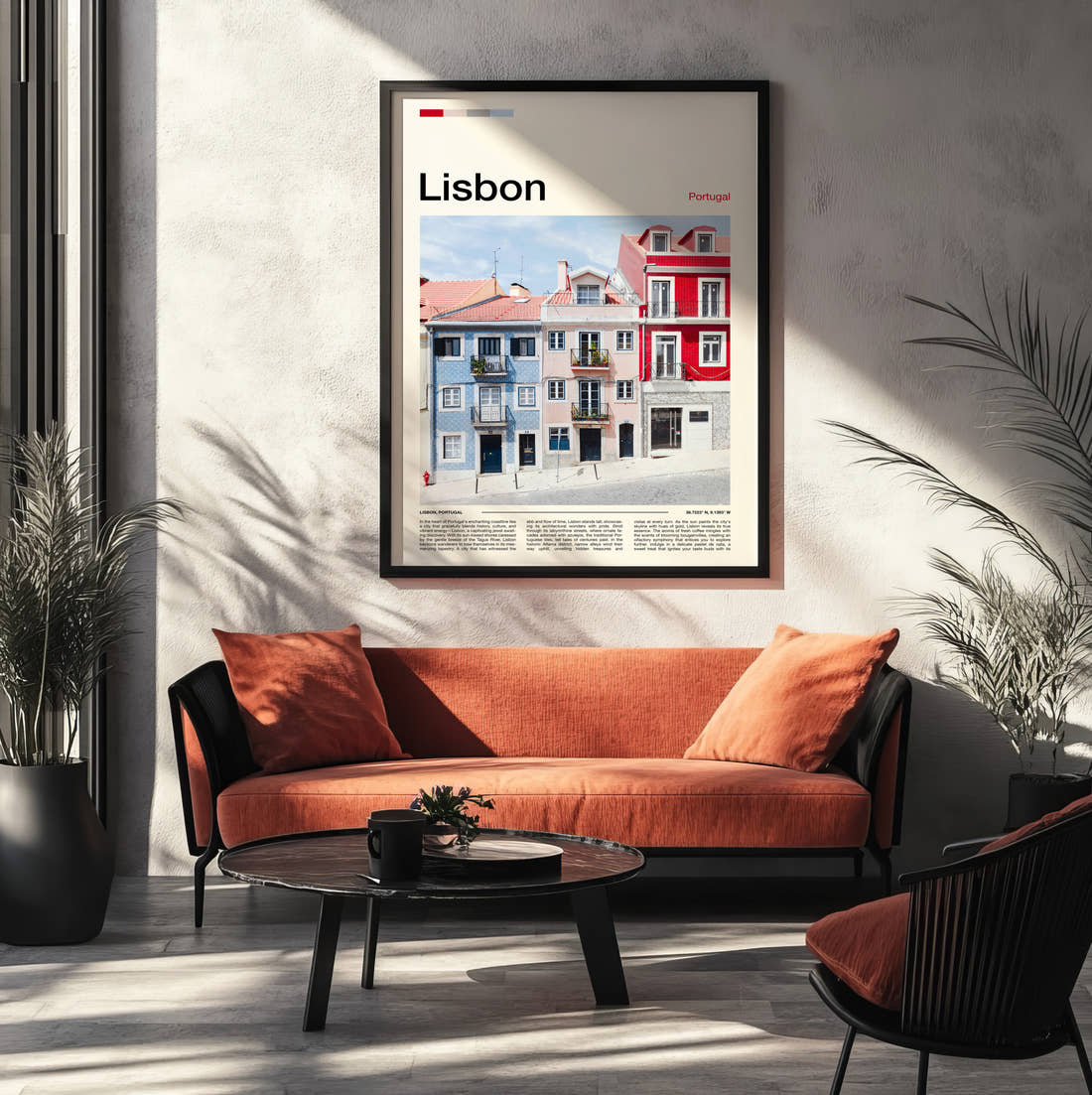 Lisbon Colourful Houses Travel Print framed on the wall of a modern living room