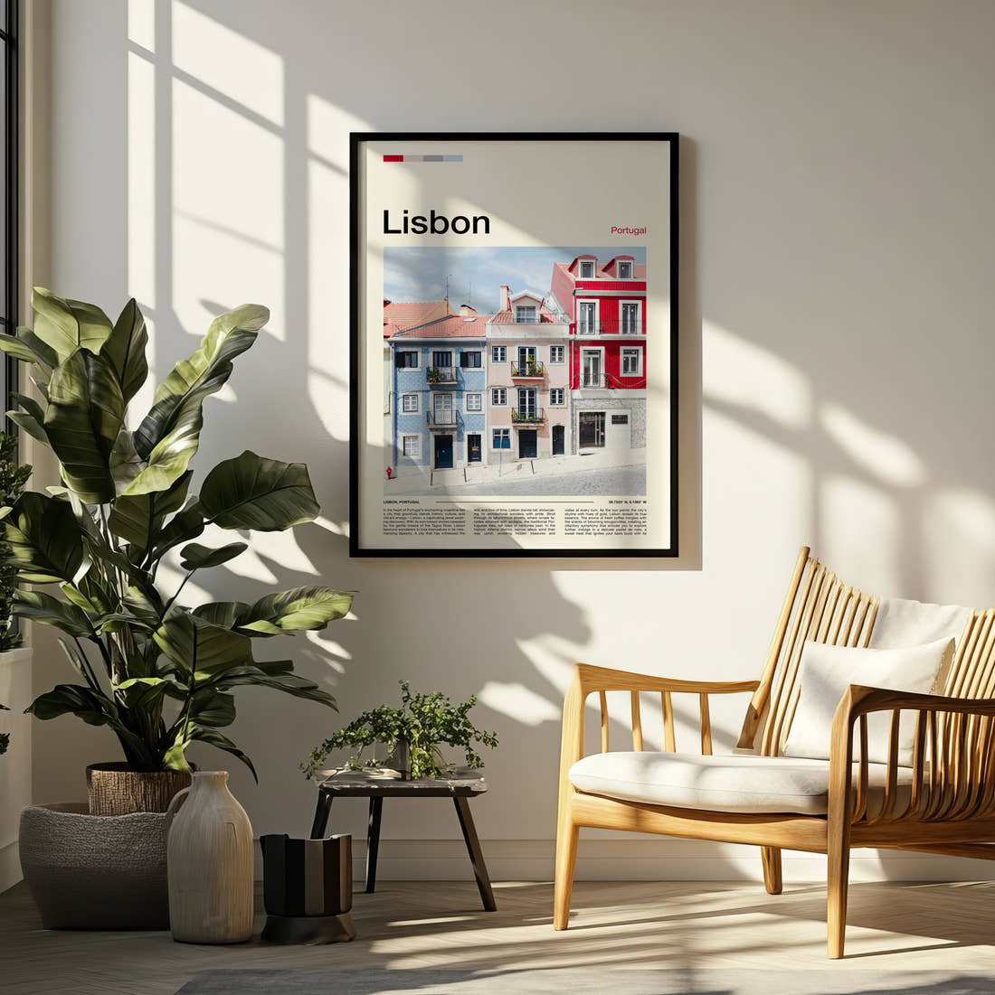Lisbon Colourful Houses Travel Print framed on a pale wall beside houseplants