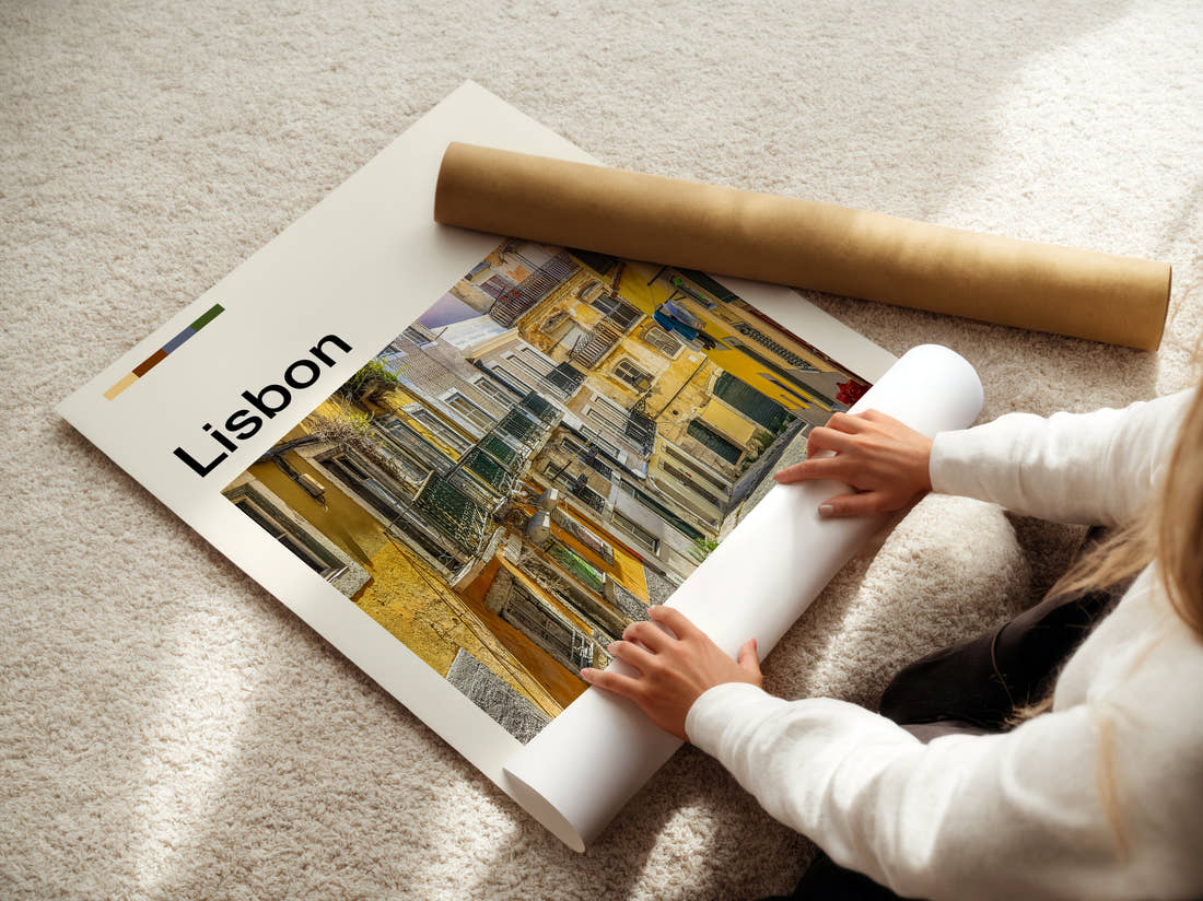 Lisbon Narrow Street With Laundry Travel Print being unrolled from its postal tube