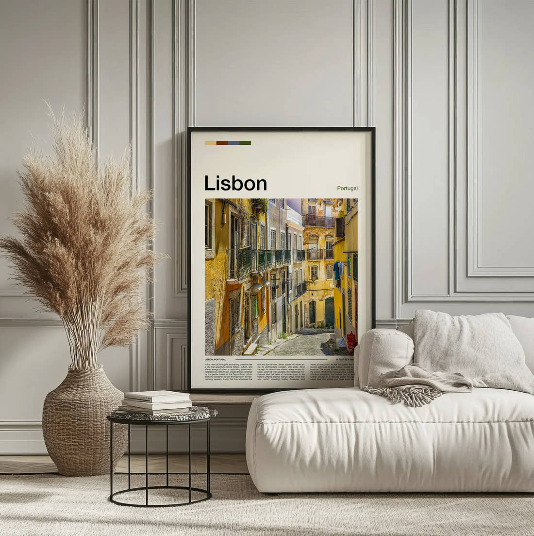 Lisbon Narrow Street With Laundry Travel Print framed on the wall of a calm, neutral bedroom