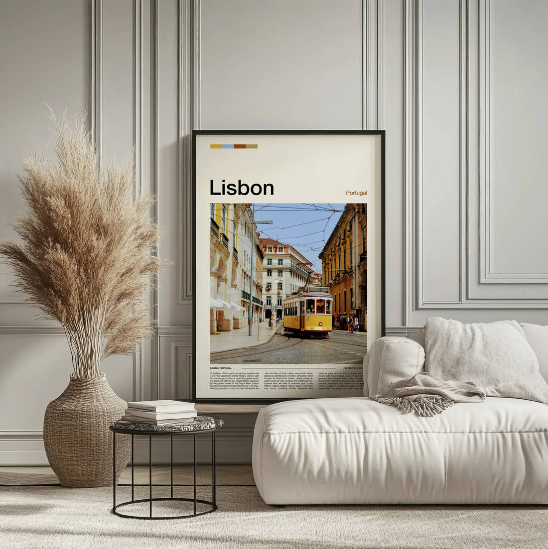Lisbon Yellow Tram In The Square Travel Print framed on the wall of a calm, neutral bedroom