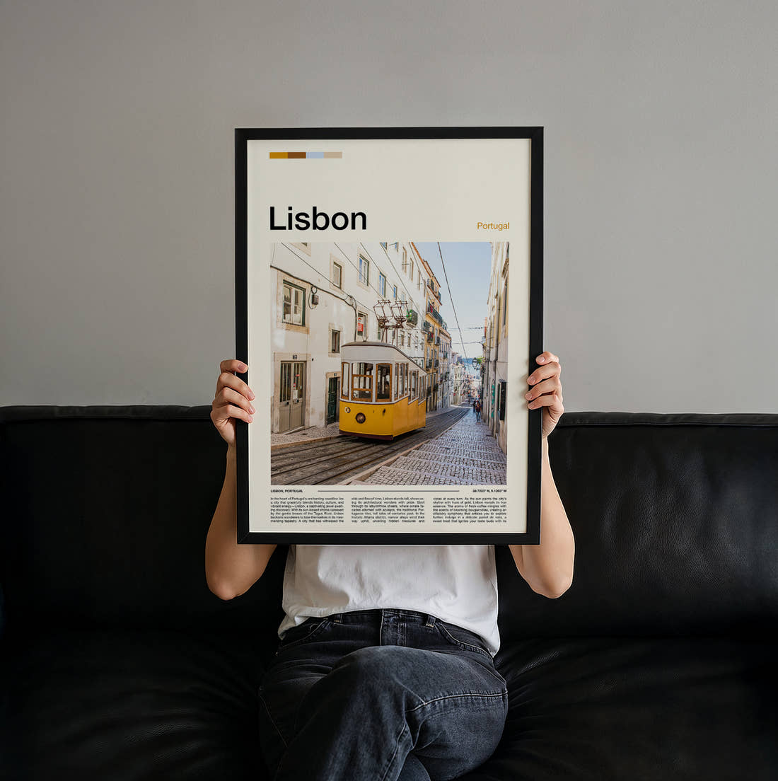 Lisbon Yellow Tram On A Narrow Street Travel Print held up by hand to show the size of the print