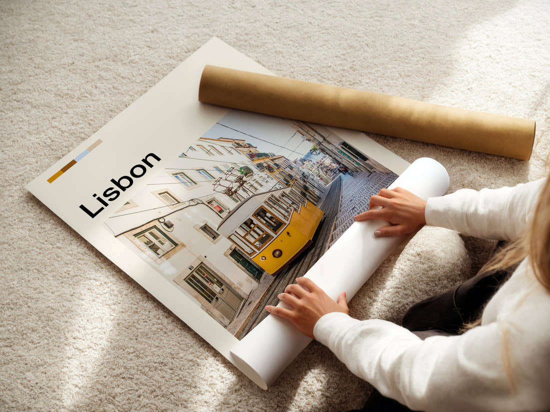 Lisbon Yellow Tram On A Narrow Street Travel Print being unrolled from its postal tube
