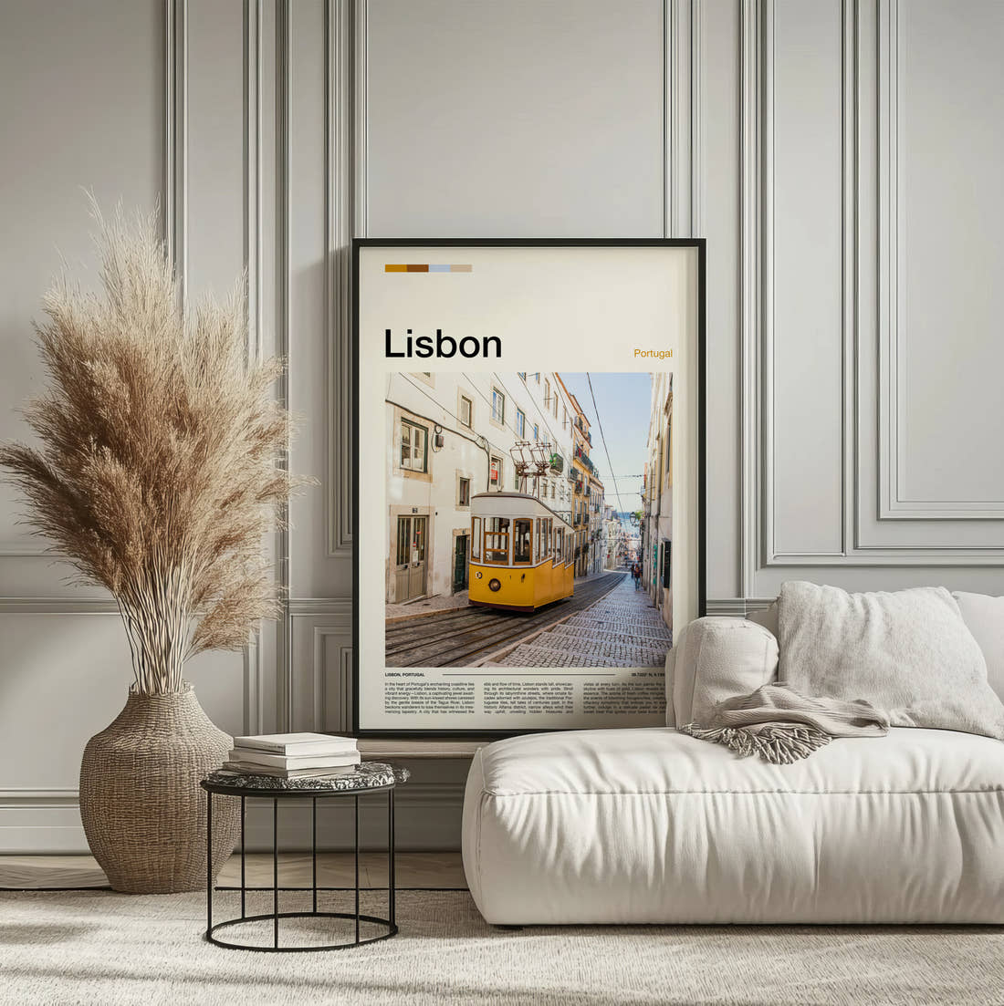 Lisbon Yellow Tram On A Narrow Street Travel Print framed on the wall of a calm, neutral bedroom