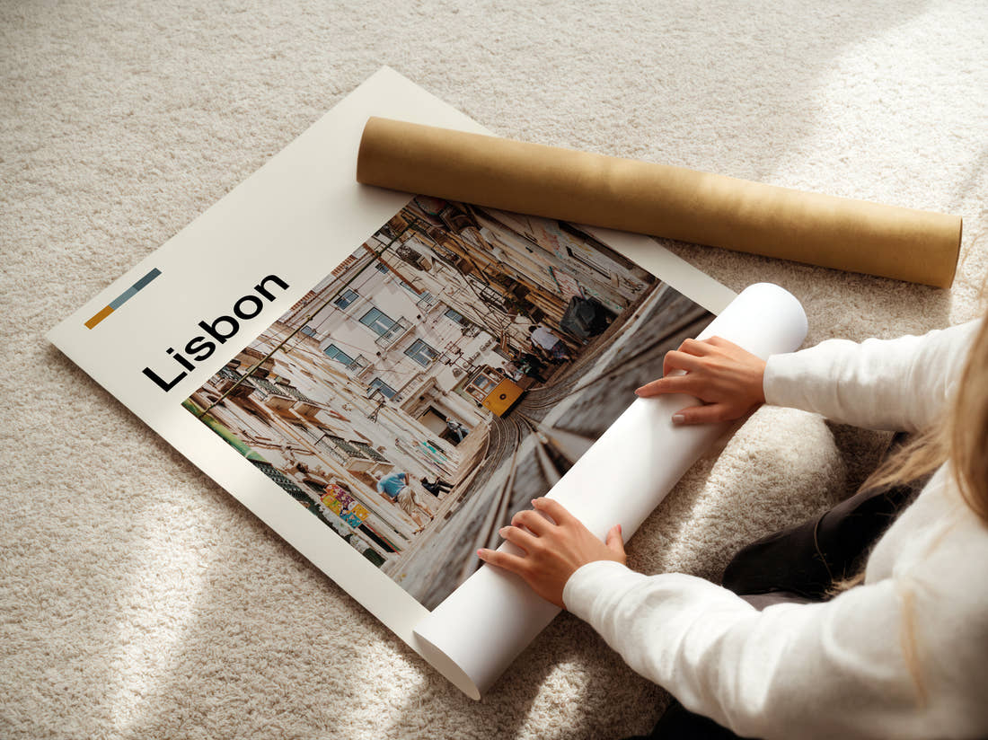 Lisbon Tram On Steep Street Travel Print being unrolled from its postal tube
