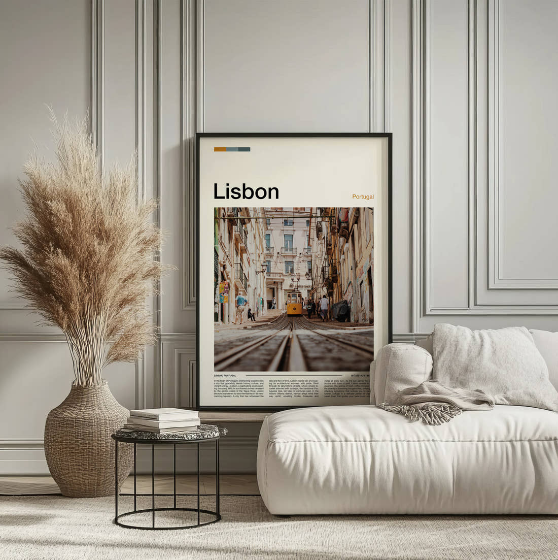 Lisbon Tram On Steep Street Travel Print framed on the wall of a calm, neutral bedroom