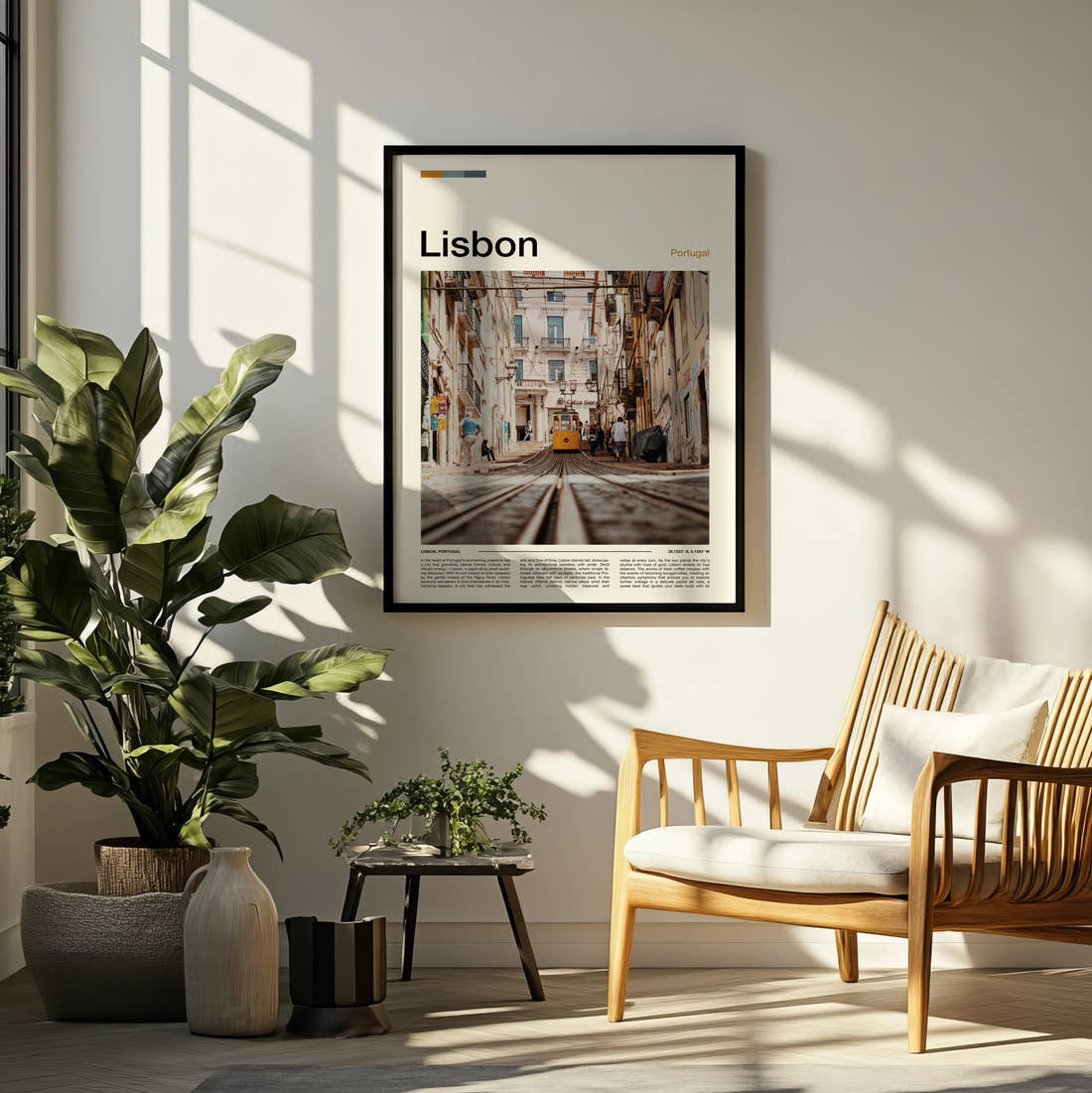 Lisbon Tram On Steep Street Travel Print framed on a pale wall beside houseplants