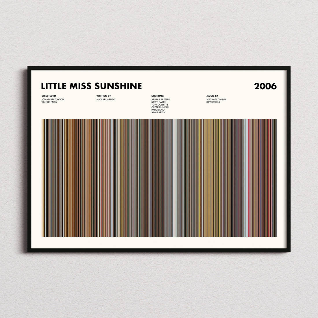 Little Miss Sunshine Movie Barcode Poster framed and photographed straight on