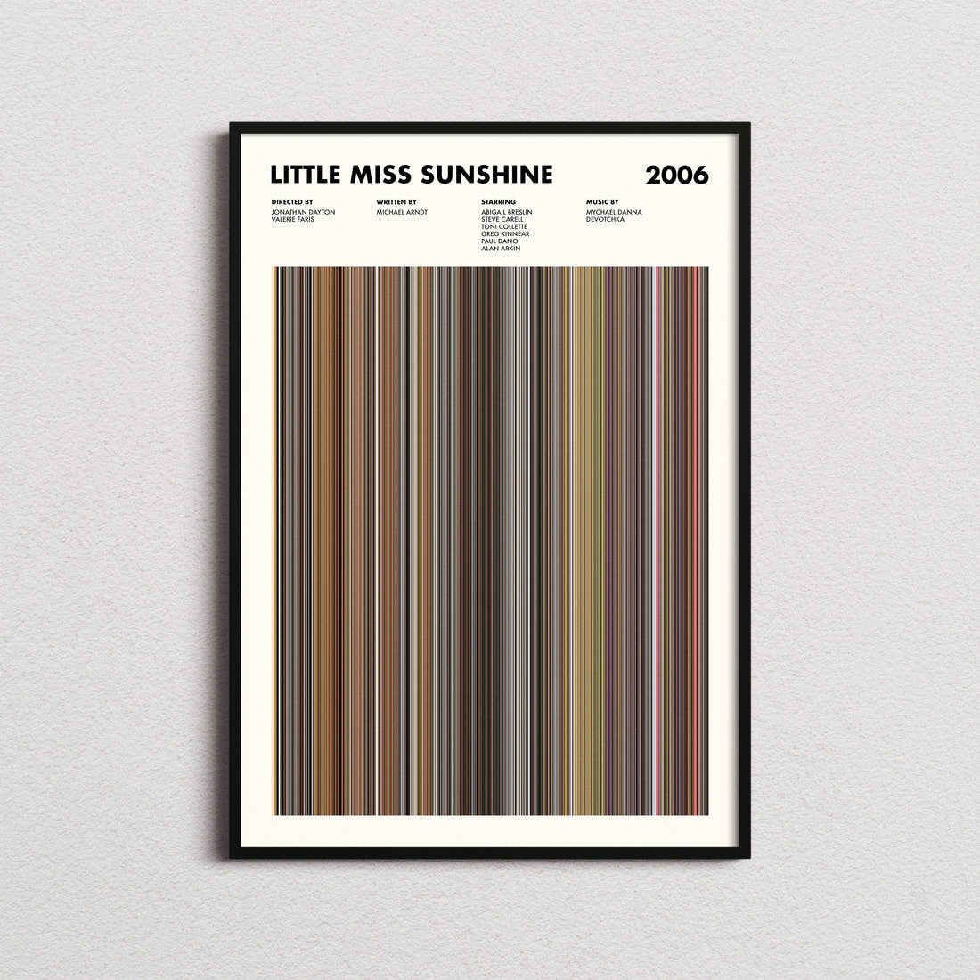 Little Miss Sunshine Movie Barcode Poster framed on a plain studio wall