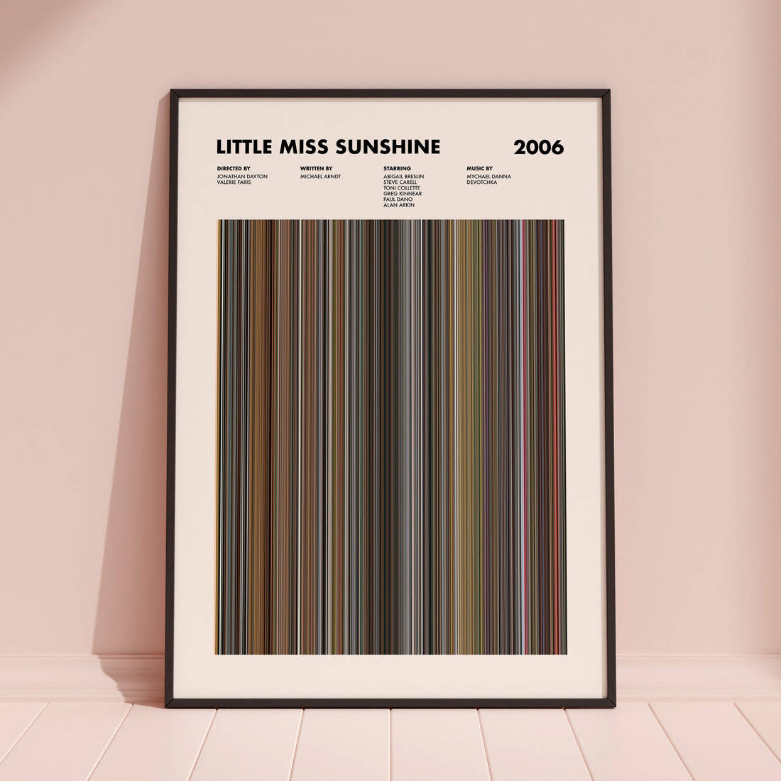 Little Miss Sunshine Movie Barcode Poster framed and leaning against a coloured wall