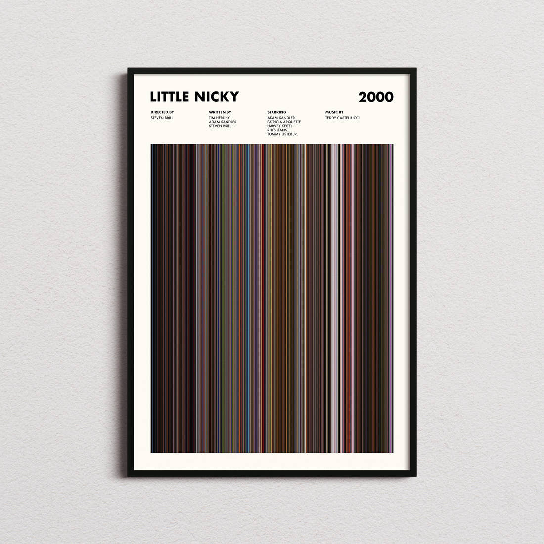 Little Nicky Movie Barcode Poster framed on a plain studio wall