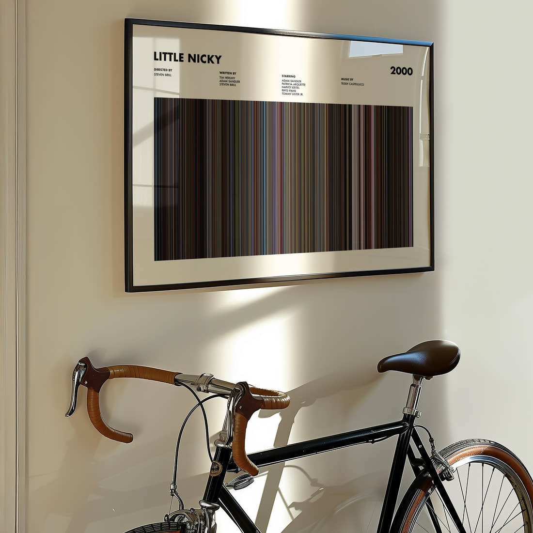 Little Nicky Movie Barcode Poster framed on the wall of a styled room setting