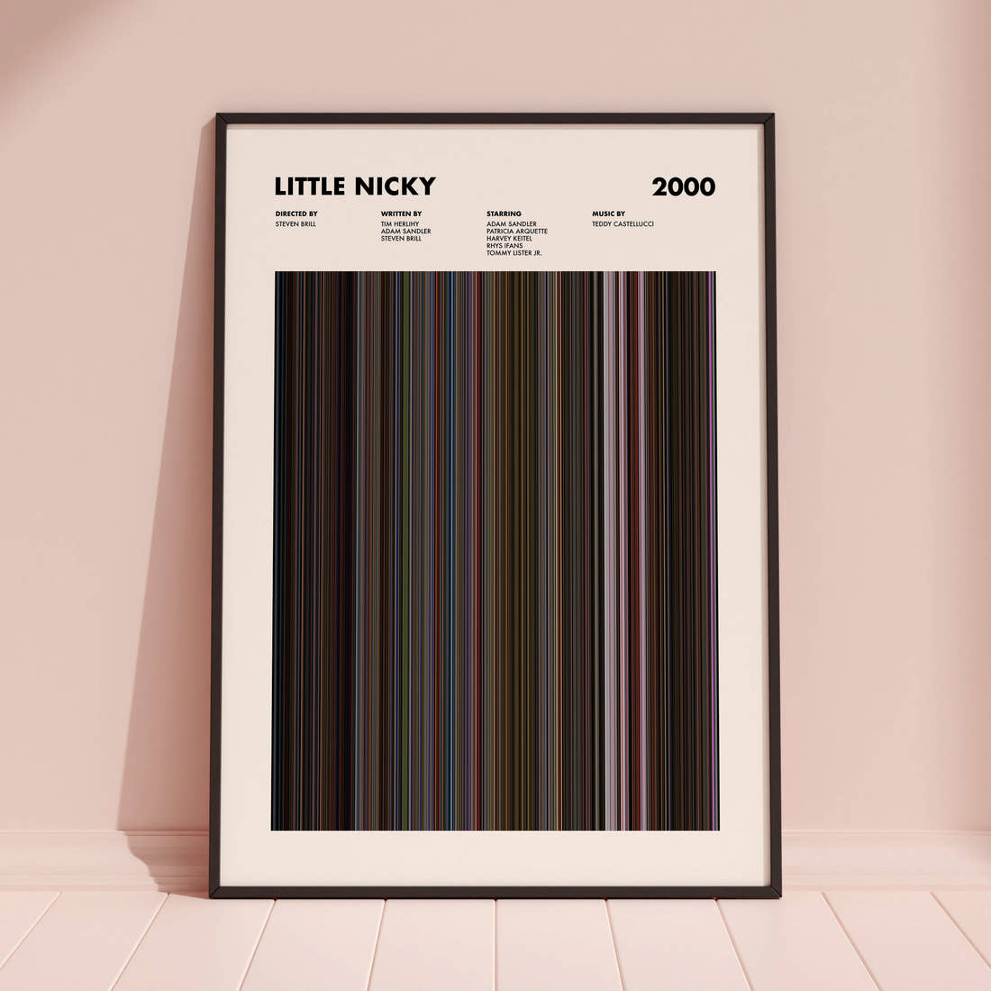 Little Nicky Movie Barcode Poster framed and leaning against a coloured wall
