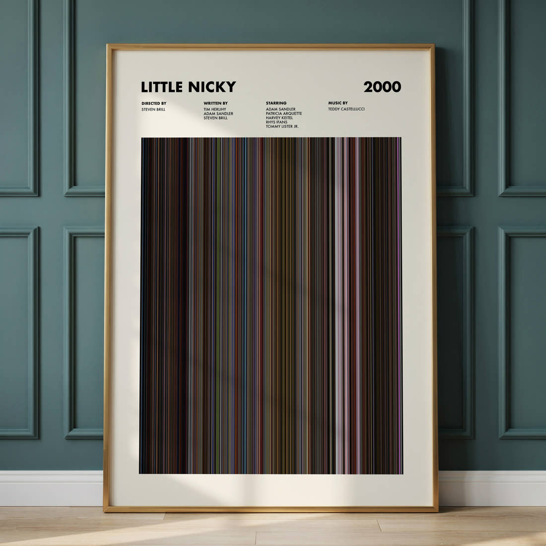 Little Nicky Movie Barcode Poster framed and leaning against a panelled wall