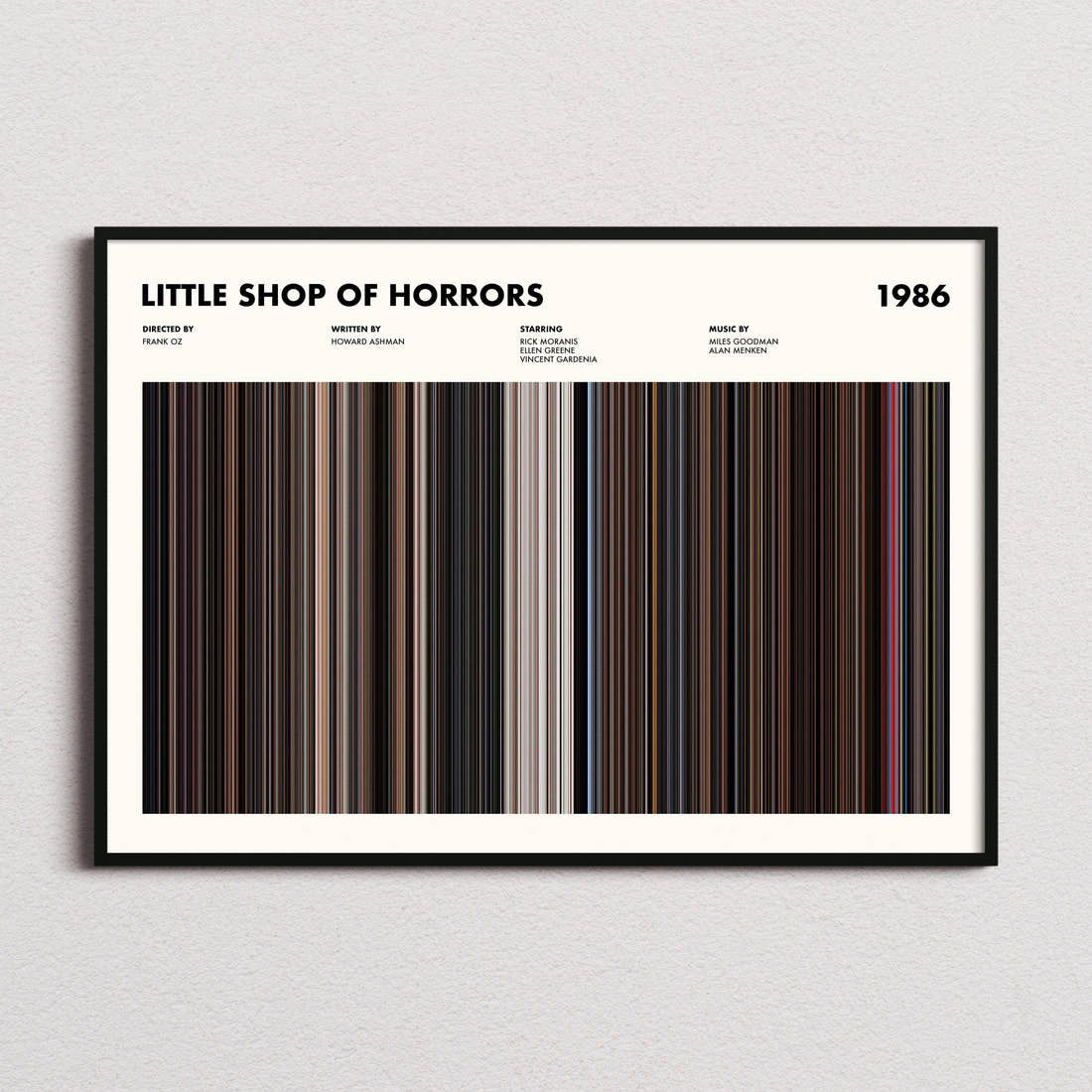 Little Shop Of Horrors Movie Barcode Poster framed and photographed straight on
