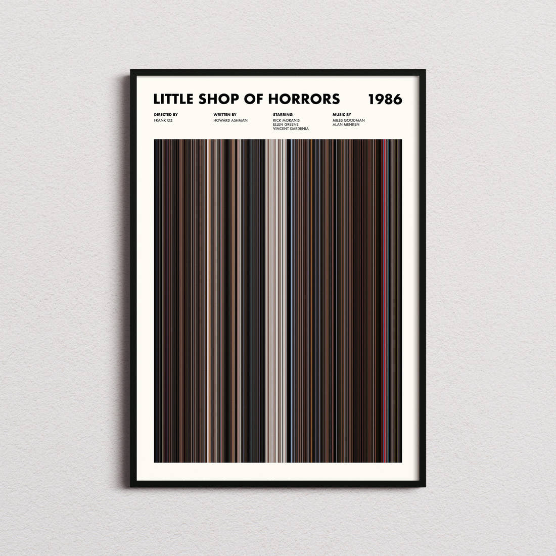 Little Shop Of Horrors Movie Barcode Poster framed on a plain studio wall