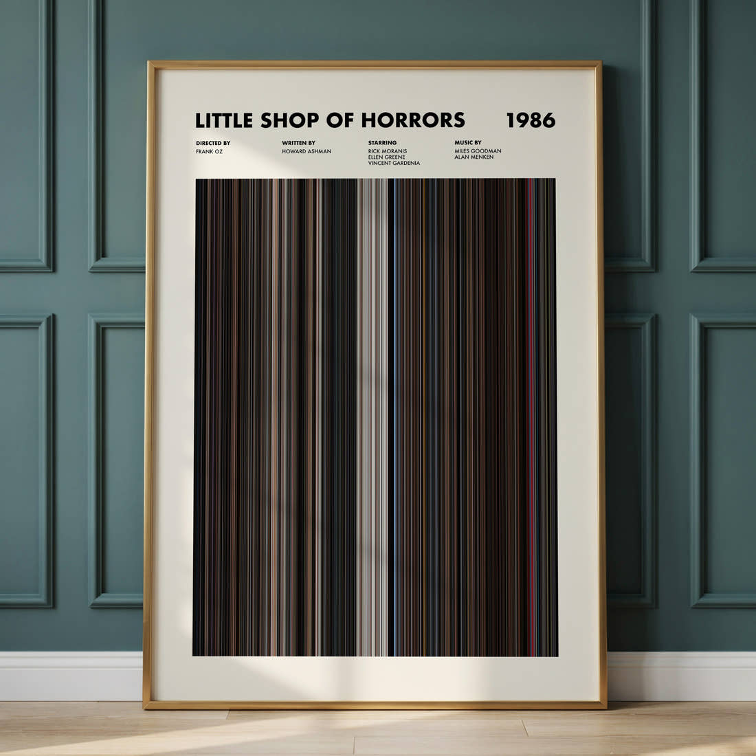 Little Shop Of Horrors Movie Barcode Poster framed and leaning against a panelled wall