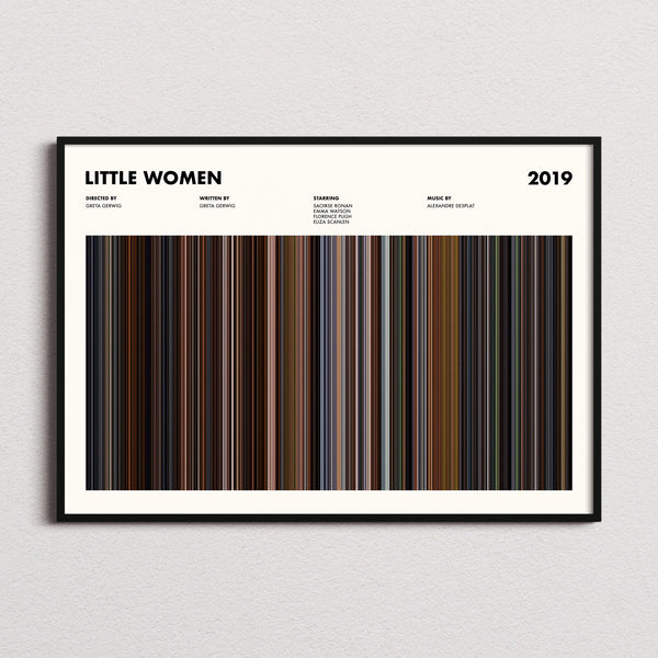 Little Women Movie Barcode Poster framed and photographed straight on