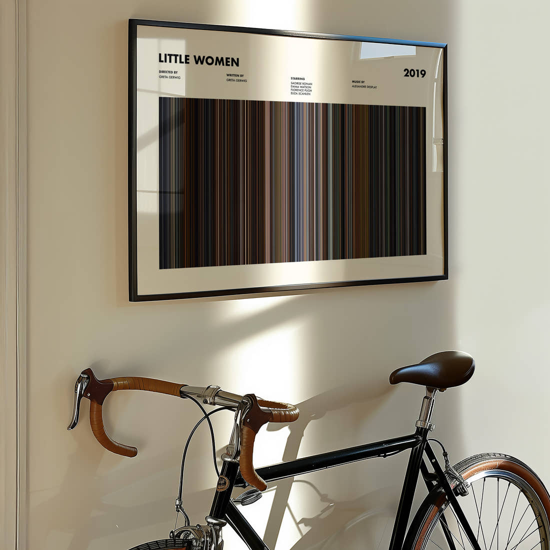 Little Women Movie Barcode Poster framed on the wall of a styled room setting