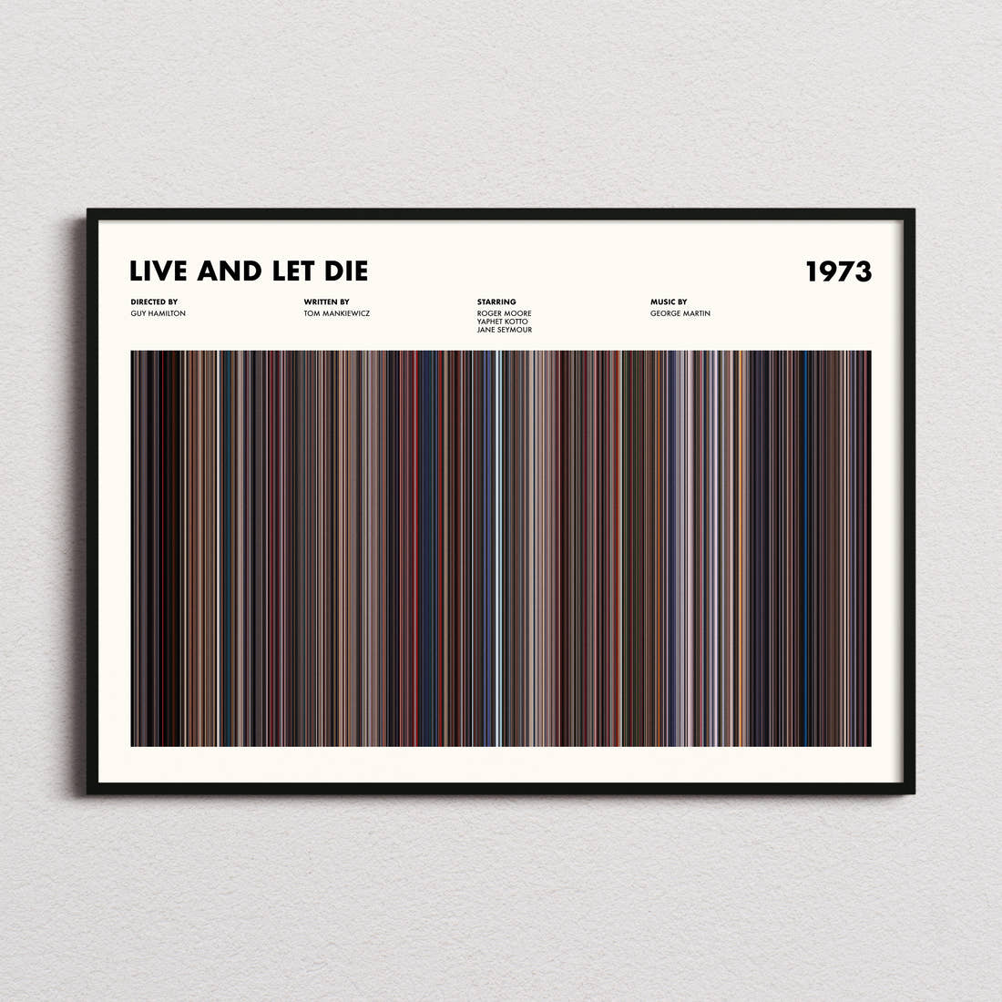 Live and Let Die Movie Barcode Poster framed and photographed straight on