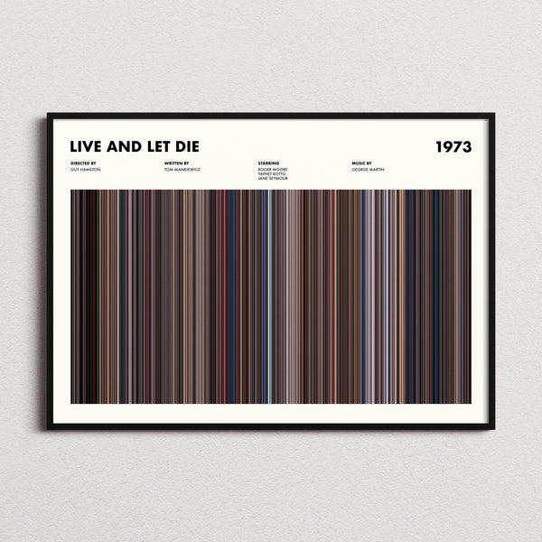 Live and Let Die Movie Barcode Poster framed and photographed straight on