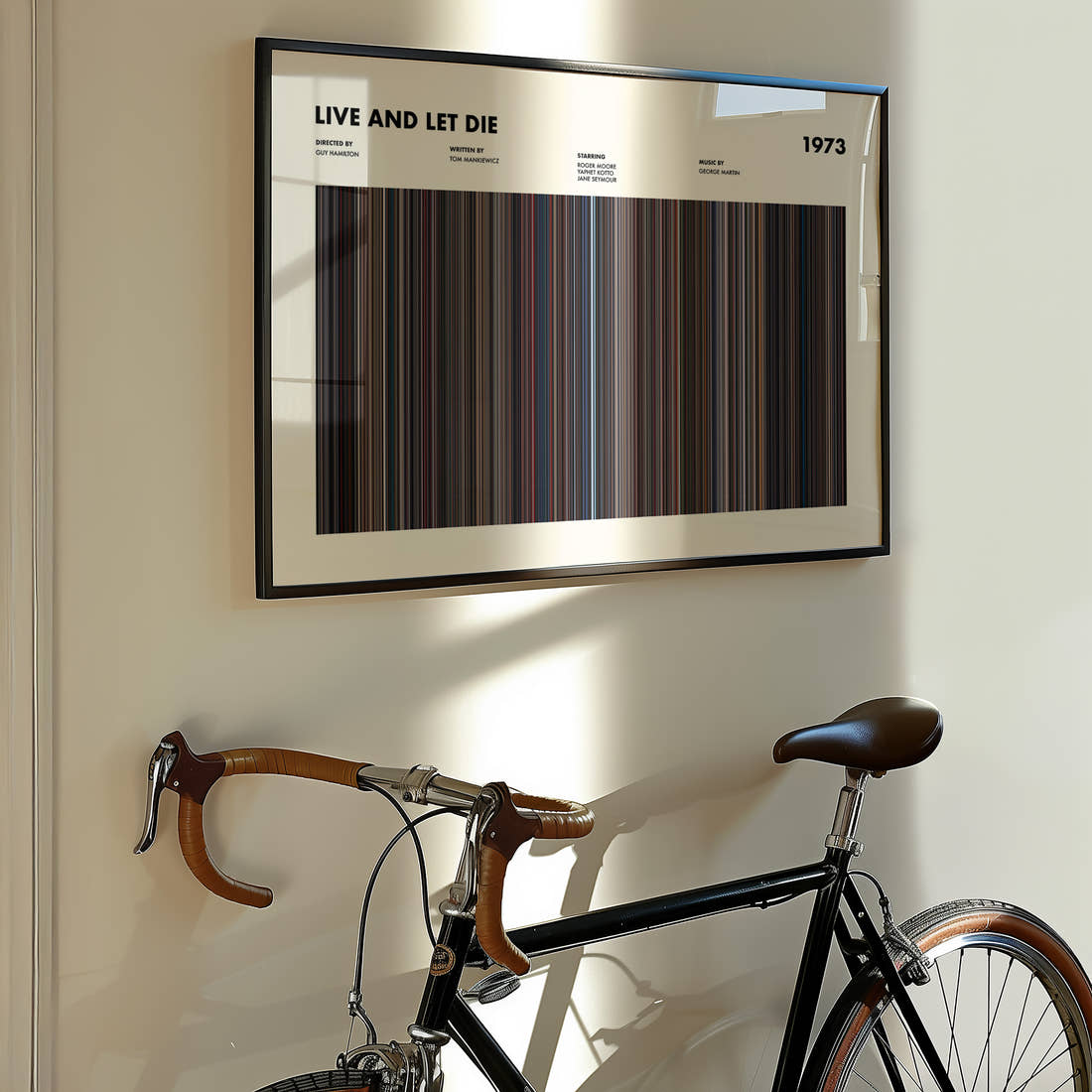 Live and Let Die Movie Barcode Poster framed on the wall of a styled room setting