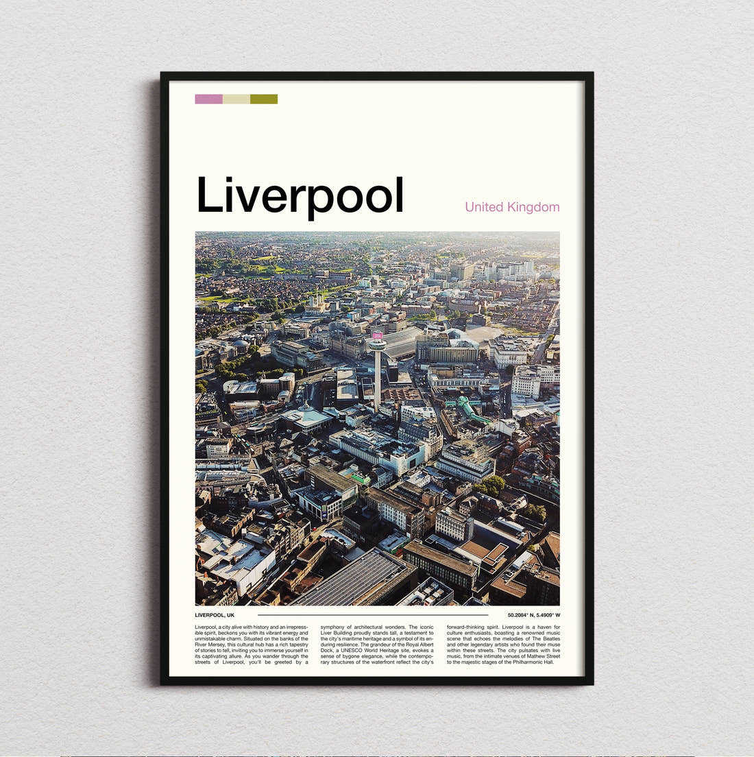 Liverpool Aerial View Of Rooftops Travel Print framed and photographed straight on
