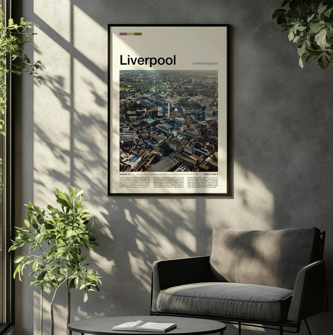 Liverpool Aerial View Of Rooftops Travel Print framed on the wall of a relaxed living room