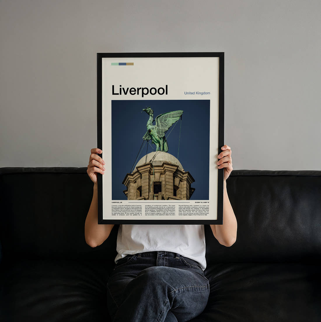 Liverpool Liver Bird Travel Print held up by hand to show the size of the print