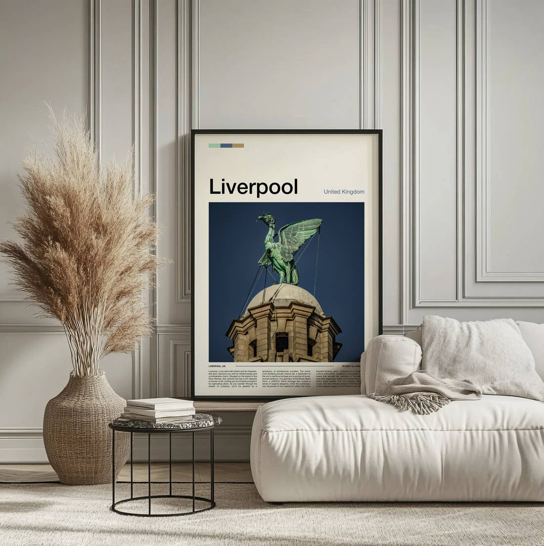 Liverpool Liver Bird Travel Print framed on the wall of a calm, neutral bedroom