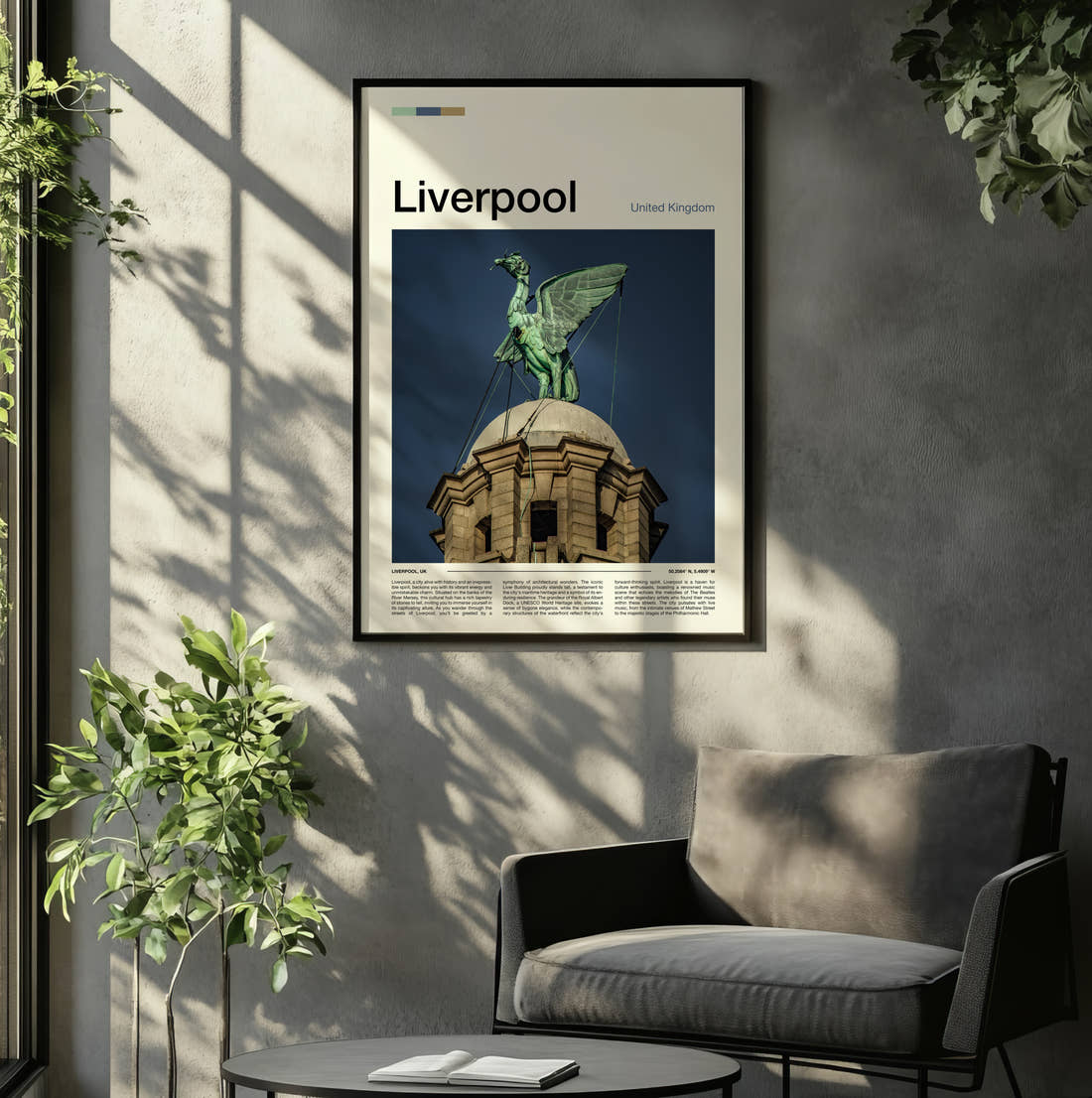 Liverpool Liver Bird Travel Print framed on the wall of a relaxed living room